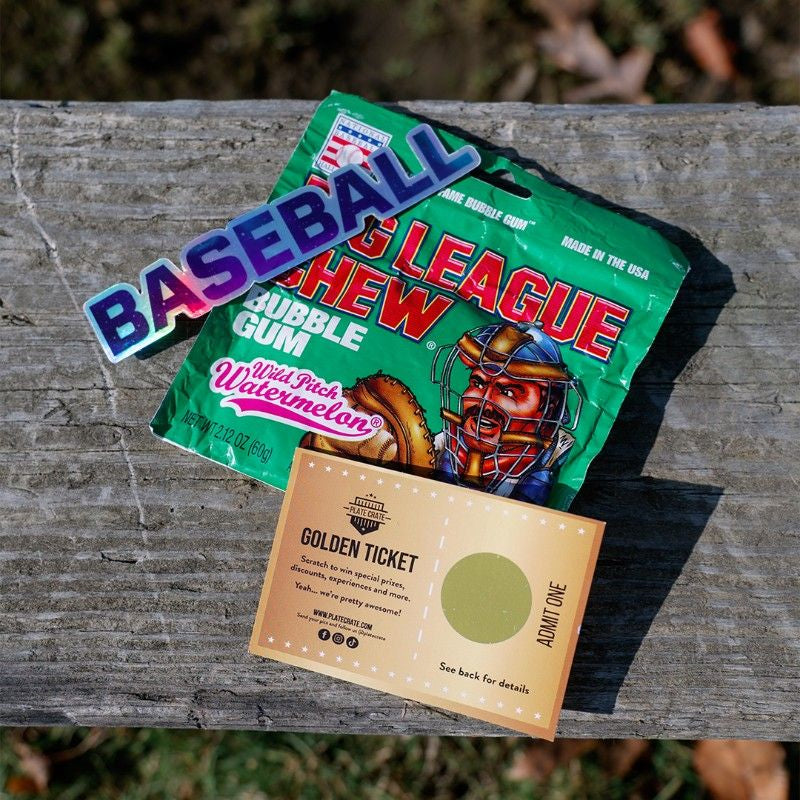 Gravity Crate Plate Crate Baseball sticker, big league chew, golden ticket